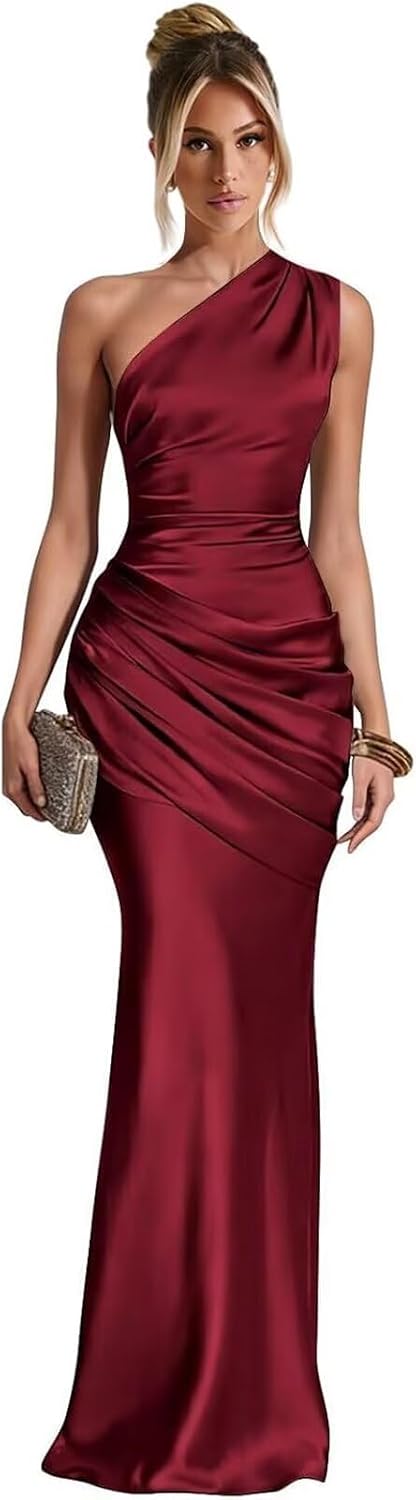 Burgundy one shoulder satin mermaid dress main color view