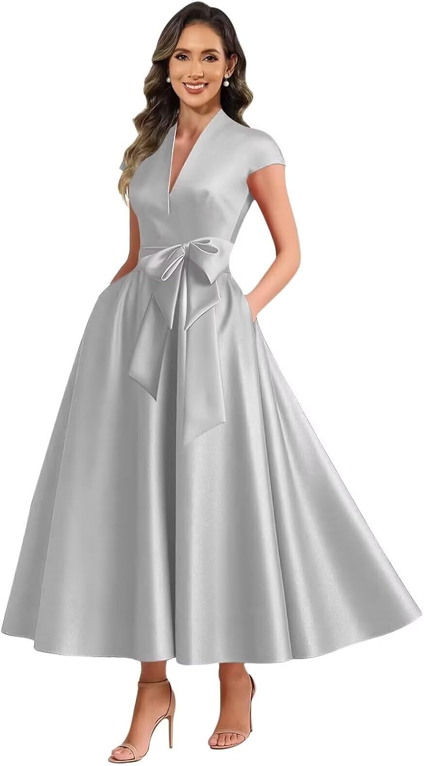 Silver satin mother of the bride dress main color view