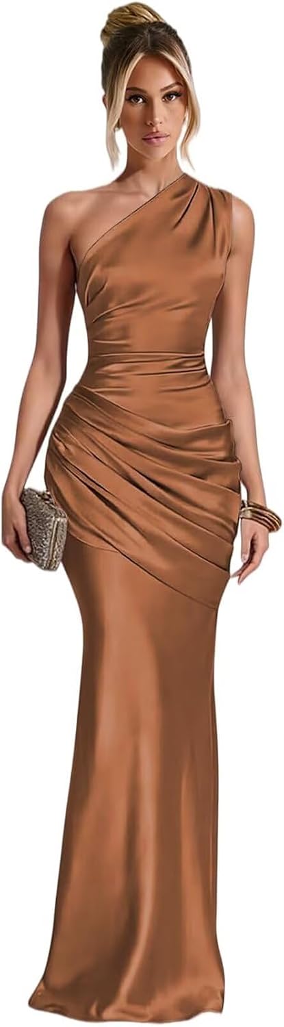 Burnt Orange one shoulder satin mermaid dress main color view
