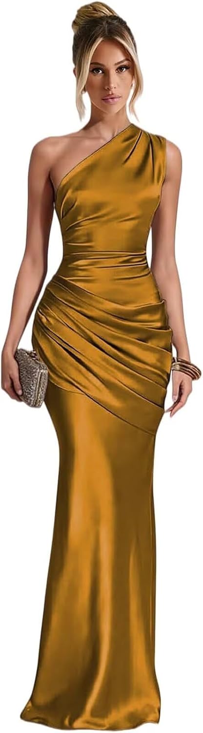 Copper one shoulder satin mermaid dress main color view