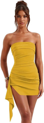 Gold strapless ruched short homecoming dress front view
