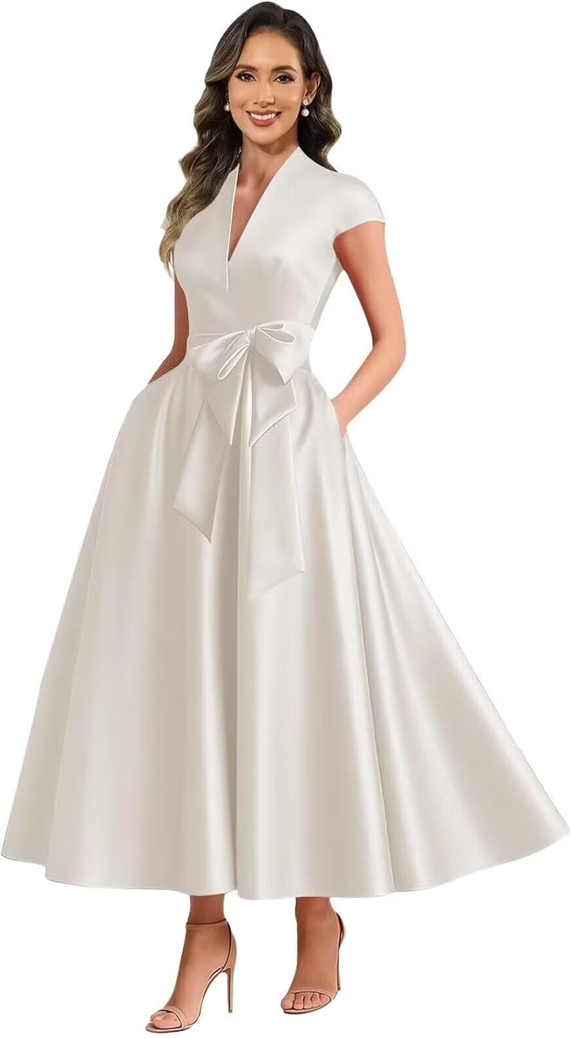 Ivory satin mother of the bride dress main color view