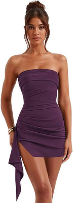 Plum strapless ruched short homecoming dress front view