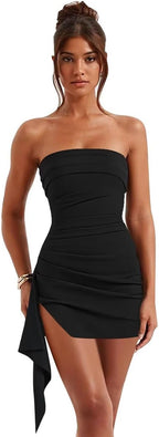 Black strapless ruched short homecoming dress front view
