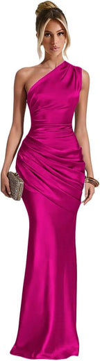 Hot Pink one shoulder satin mermaid dress main color view