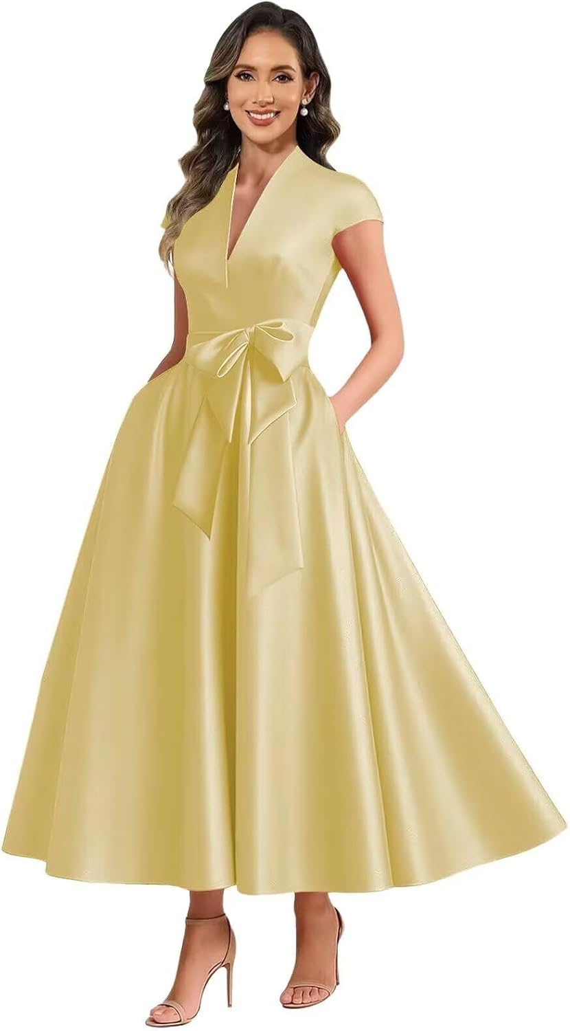 Yellow satin mother of the bride dress main color view