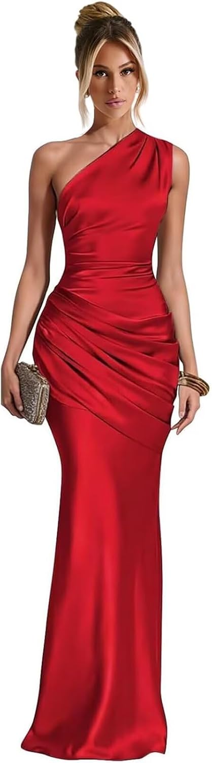 Red one shoulder satin mermaid dress main color view