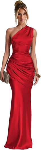 Red one shoulder satin mermaid dress main color view
