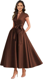 Brown satin mother of the bride dress main color view