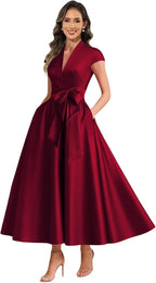 Burgundy satin mother of the bride dress main color view