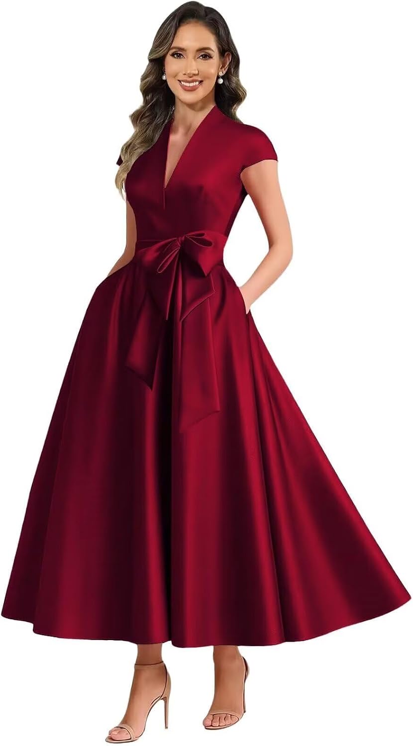 Burgundy satin mother of the bride dress main color view