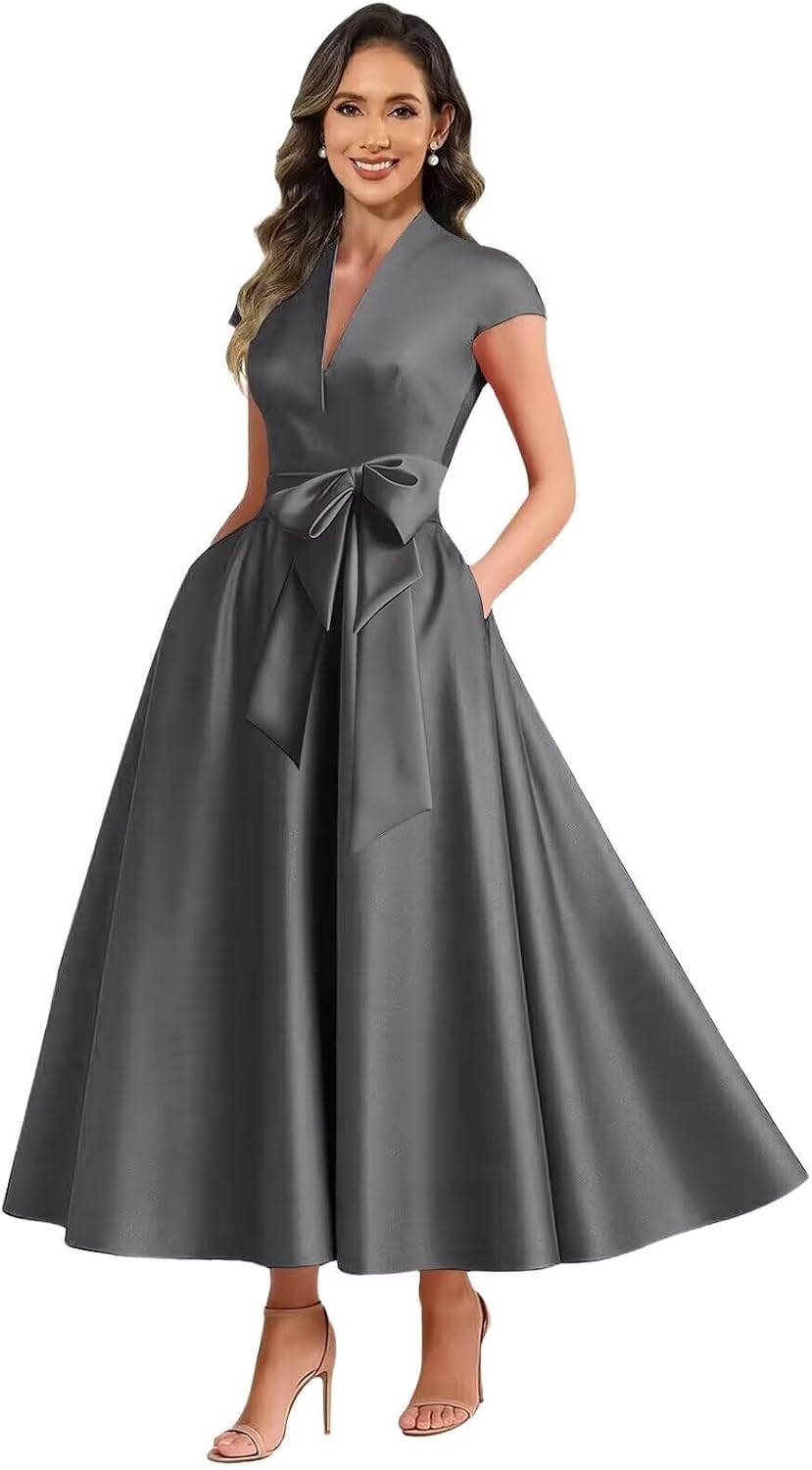 Grey satin mother of the bride dress main color view