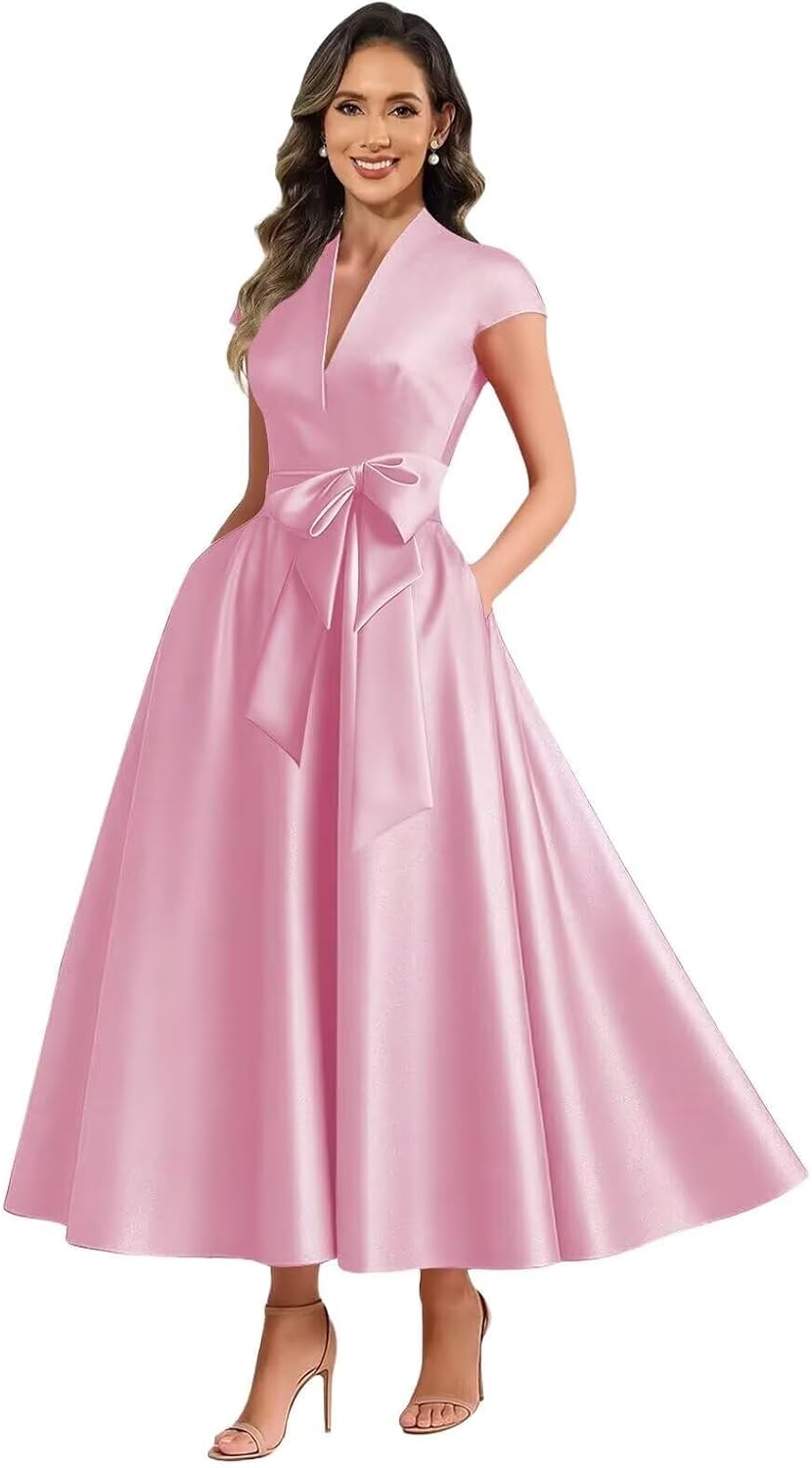 Pink satin mother of the bride dress main color view