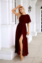 Ladies Chiffon Sleeve Crew Neck Front Slit Floor Length Bridesmaid Evening Dress Wedding Party Evening Dress 28124
