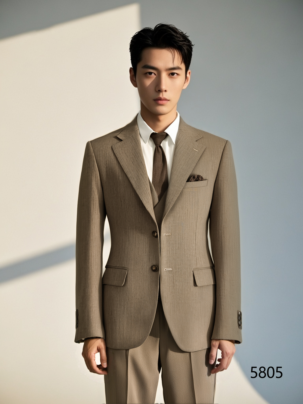 Taupe Pinstripe Wool 3-Piece Wedding Suit | Tailored Groom & Groomsmen Attire