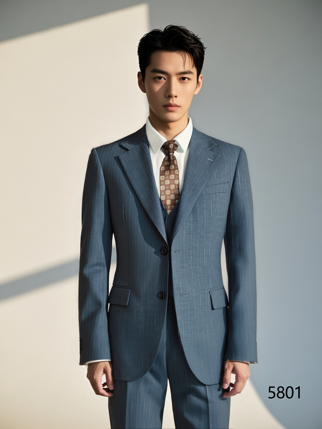 Dusty Blue Pinstripe Wool Wedding Suit | 3-Piece Tailored Groom & Groomsmen Attire