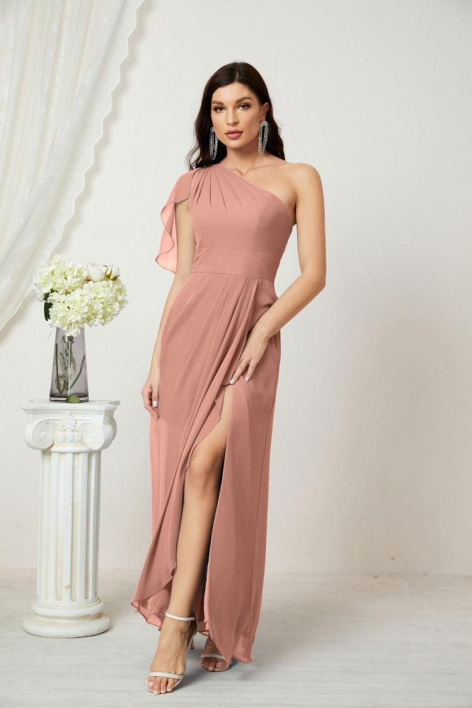 Numbersea  Chiffon Ruffled One Shoulder Long Bridesmaid Dresses A-line Formal Evening Gown Side Split 2809