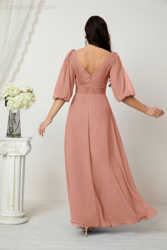 Numbersea  Formal Prom Gown Women V-Neck Chiffon Bridesmaid Dresses Long Bishop Sleeve Party Dress 2807