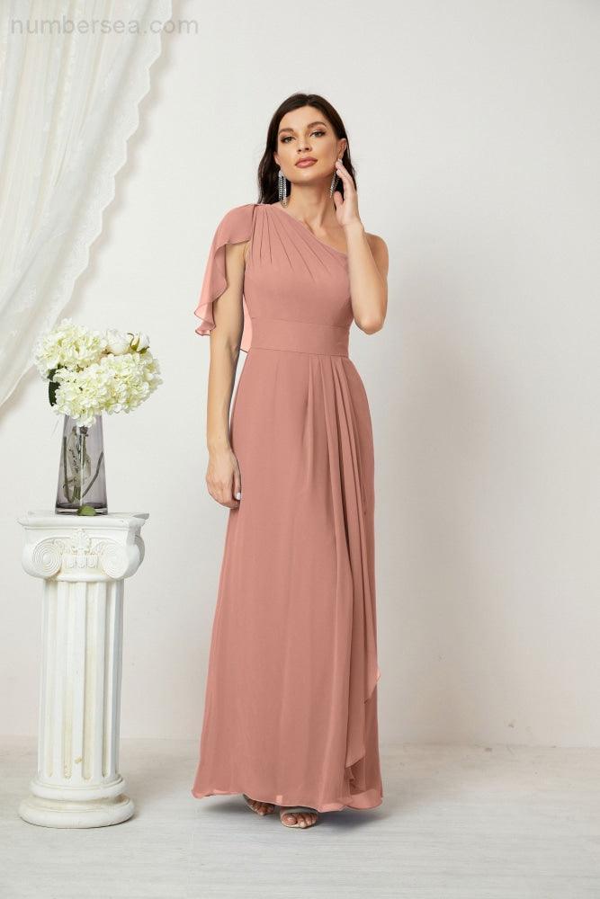 Numbersea  Chiffon Ruffled One Shoulder Long Bridesmaid Dresses A-line Formal Evening Gown Side Split 2809