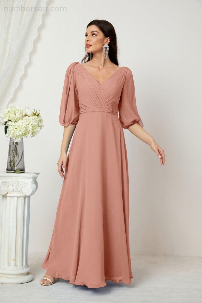 Numbersea  Formal Prom Gown Women V-Neck Chiffon Bridesmaid Dresses Long Bishop Sleeve Party Dress 2807