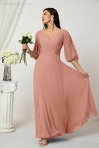 Numbersea  Formal Prom Gown Women V-Neck Chiffon Bridesmaid Dresses Long Bishop Sleeve Party Dress 2807
