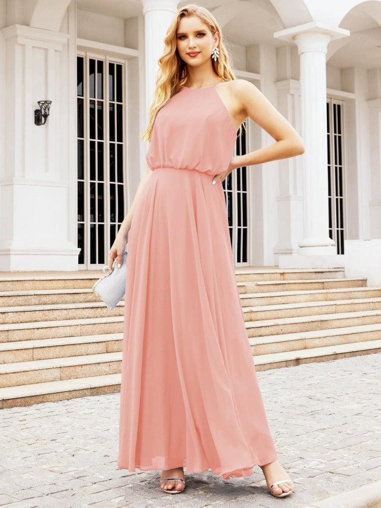 Numbersea  Halter Long Bridesmaid Dresses Formal A line Juniors Dress 28029