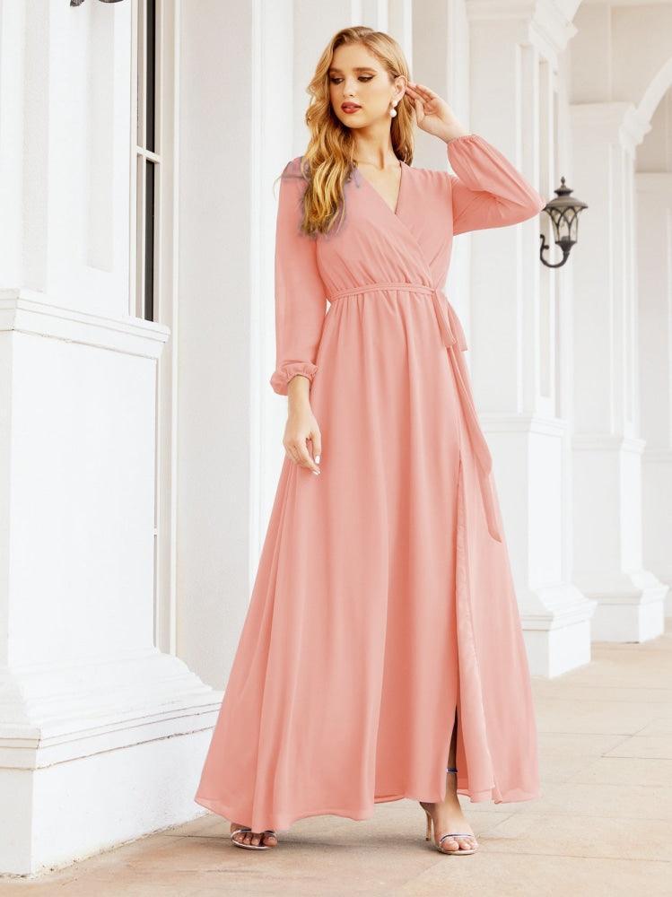 Numbersea Women's Chiffon Bridesmaid Dress A line Long Sleeves Formal Evening Prom Gown for Wedding Guest 28032