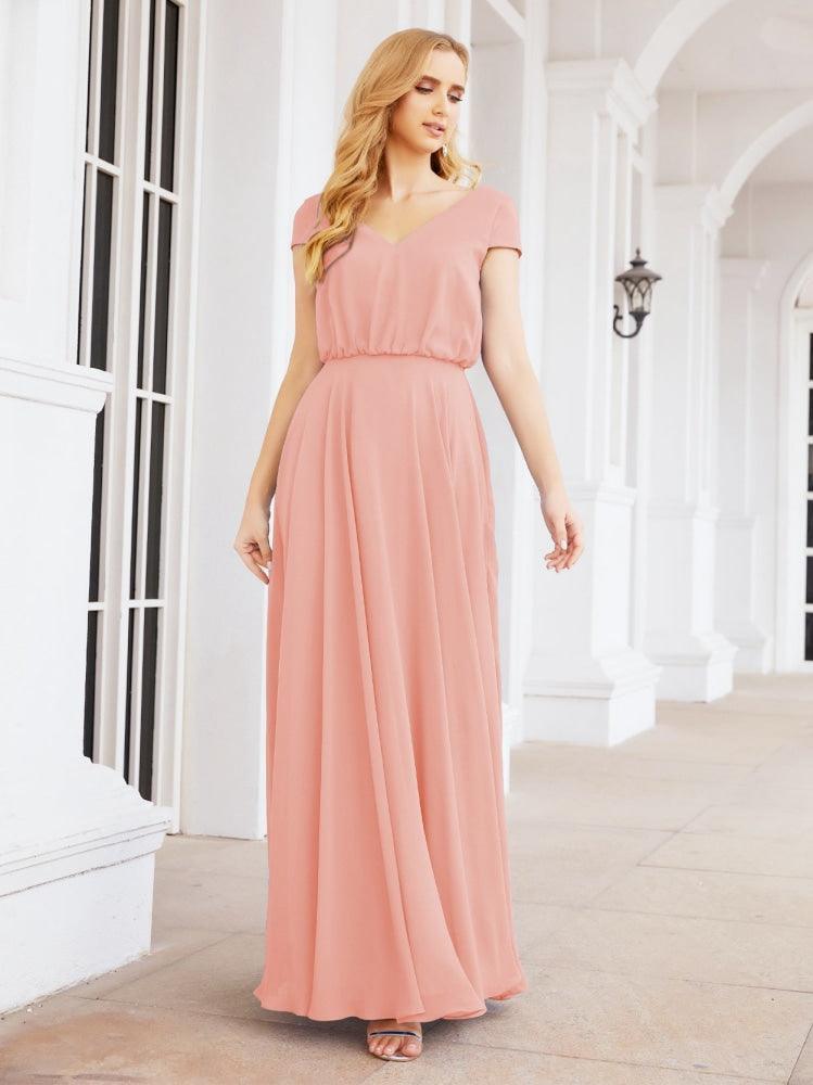 Numbersea V-Neck Bridesmaid Dresses Long Cap Sleeves Prom Evening Formal Gowns 28071