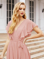 Numbersea Women's Open Back Formal Evening Party Prom Gowns V-Neck Long Chiffon Bridesmaid Dresses with Waist Belt 28038