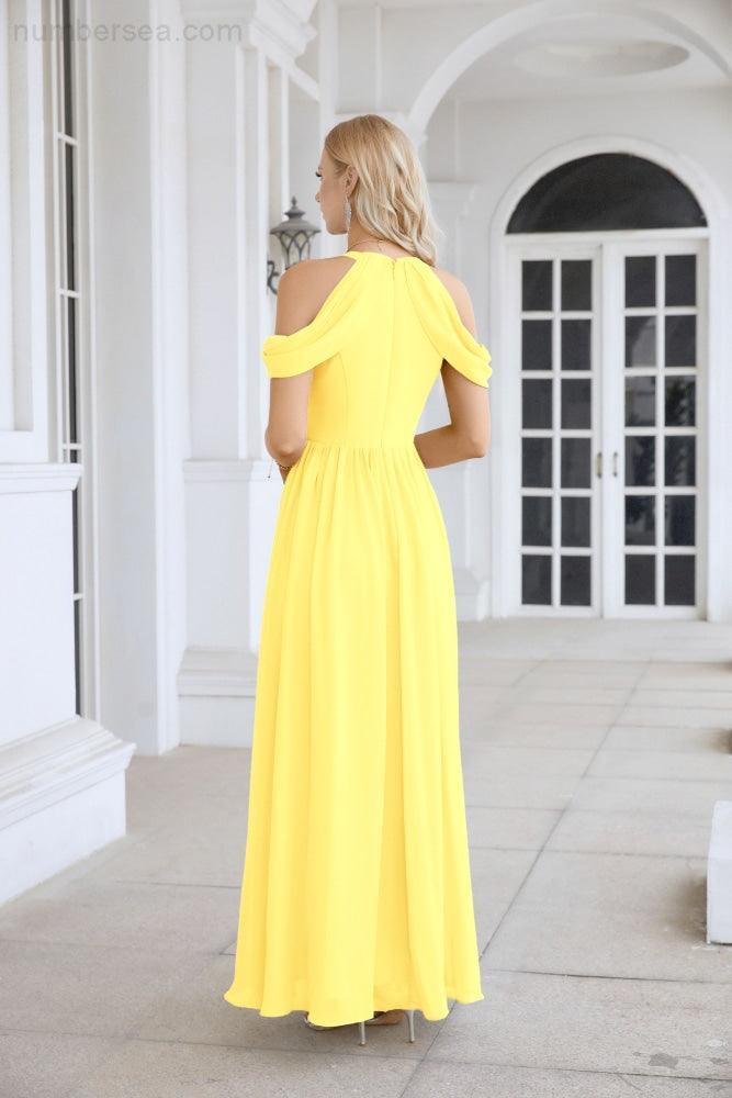 Ladies Chiffon Off Shoulder Swing Sleeve Front Slit Bridesmaid Evening Dress Wedding Party Evening Dress 28117
