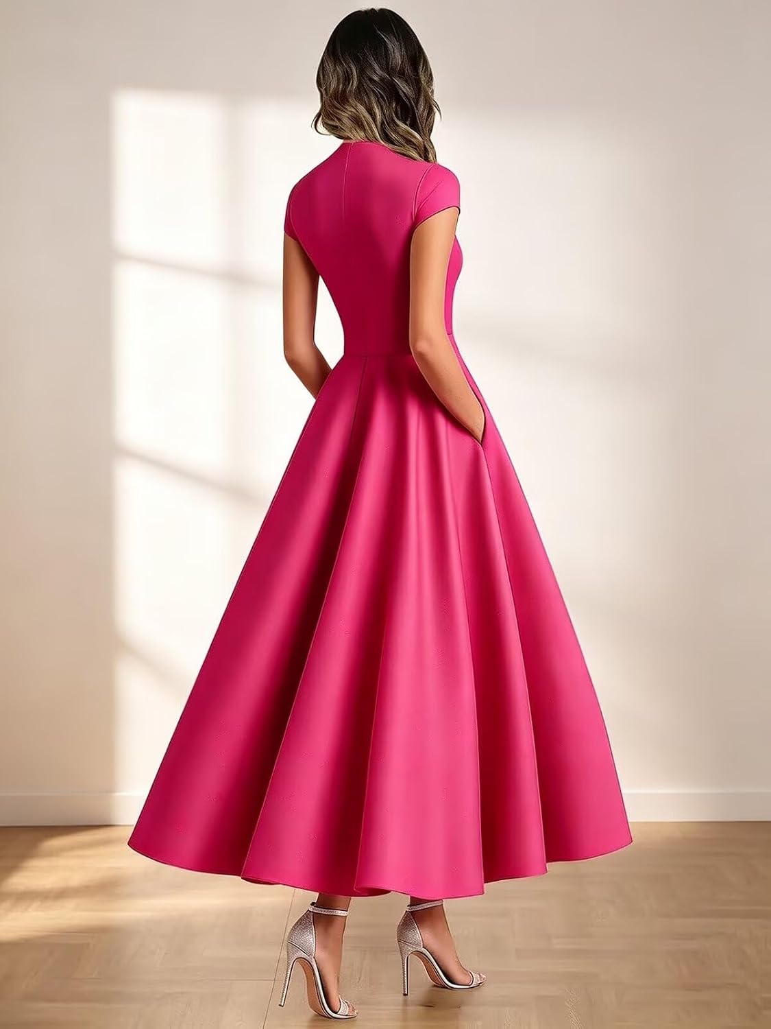 Taupe satin mother of the bride dress side view