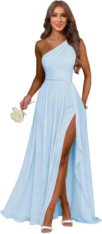 Light Blue one shoulder chiffon formal dress main color view