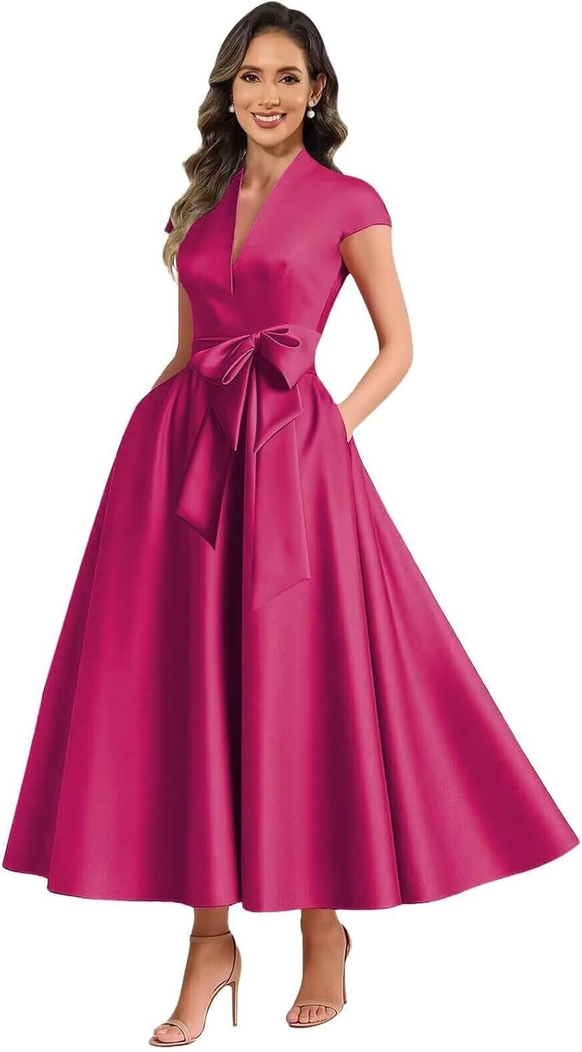 Hot Pink satin mother of the bride dress main color view