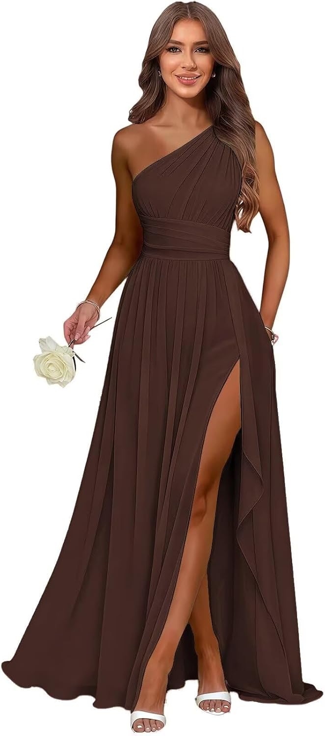Brown one shoulder chiffon formal dress main color view