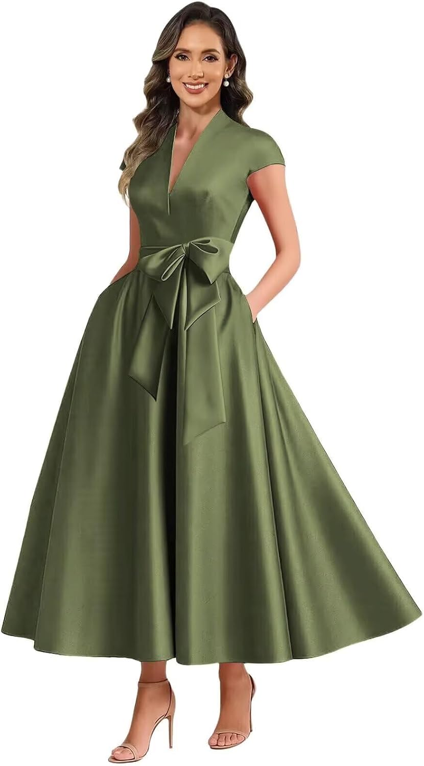 Olive satin mother of the bride dress main color view