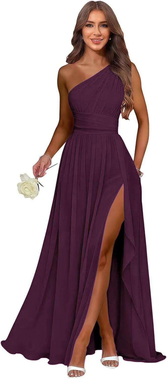 Plum one shoulder chiffon formal dress main color view