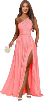Coral one shoulder chiffon formal dress main color view