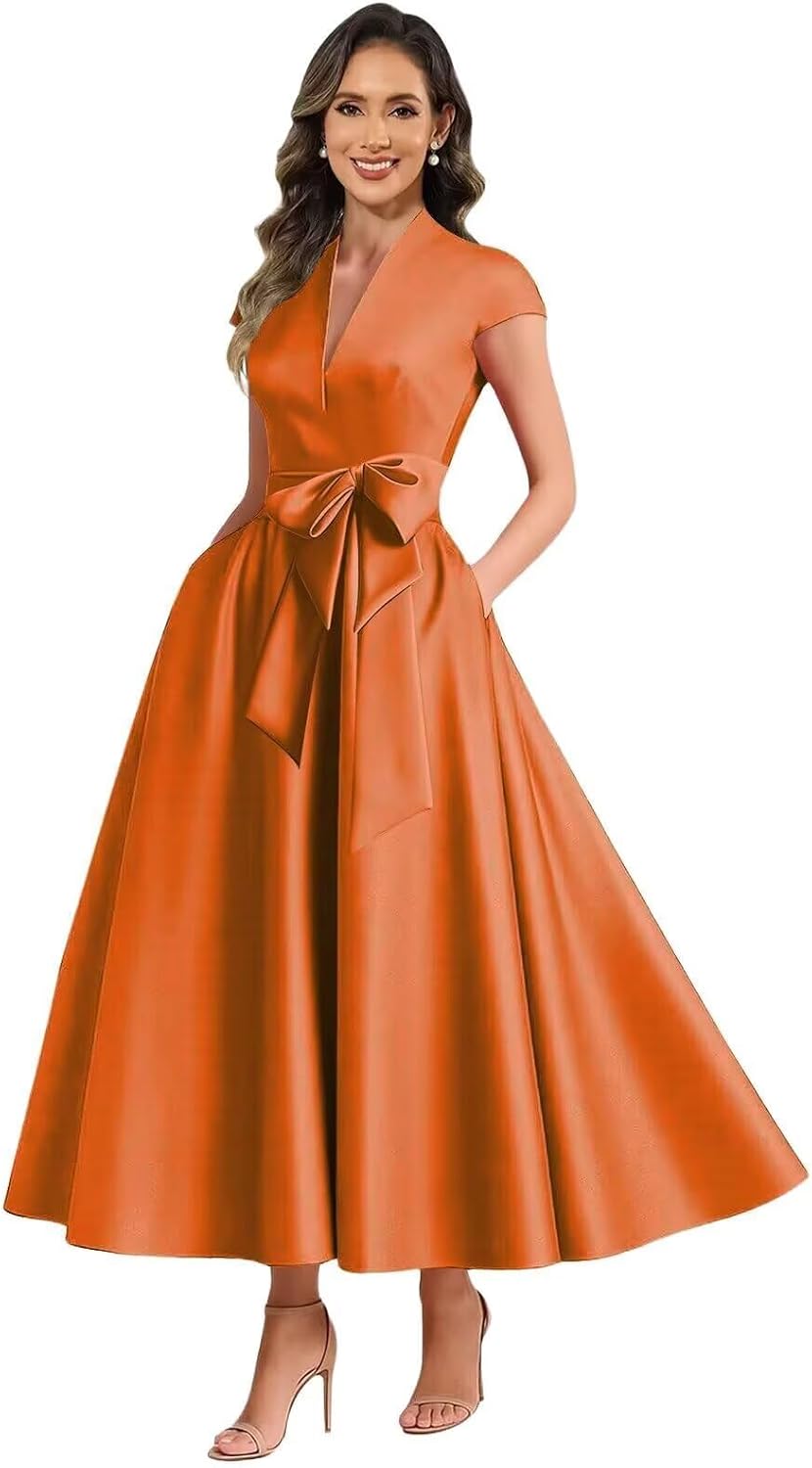Orange satin mother of the bride dress main color view