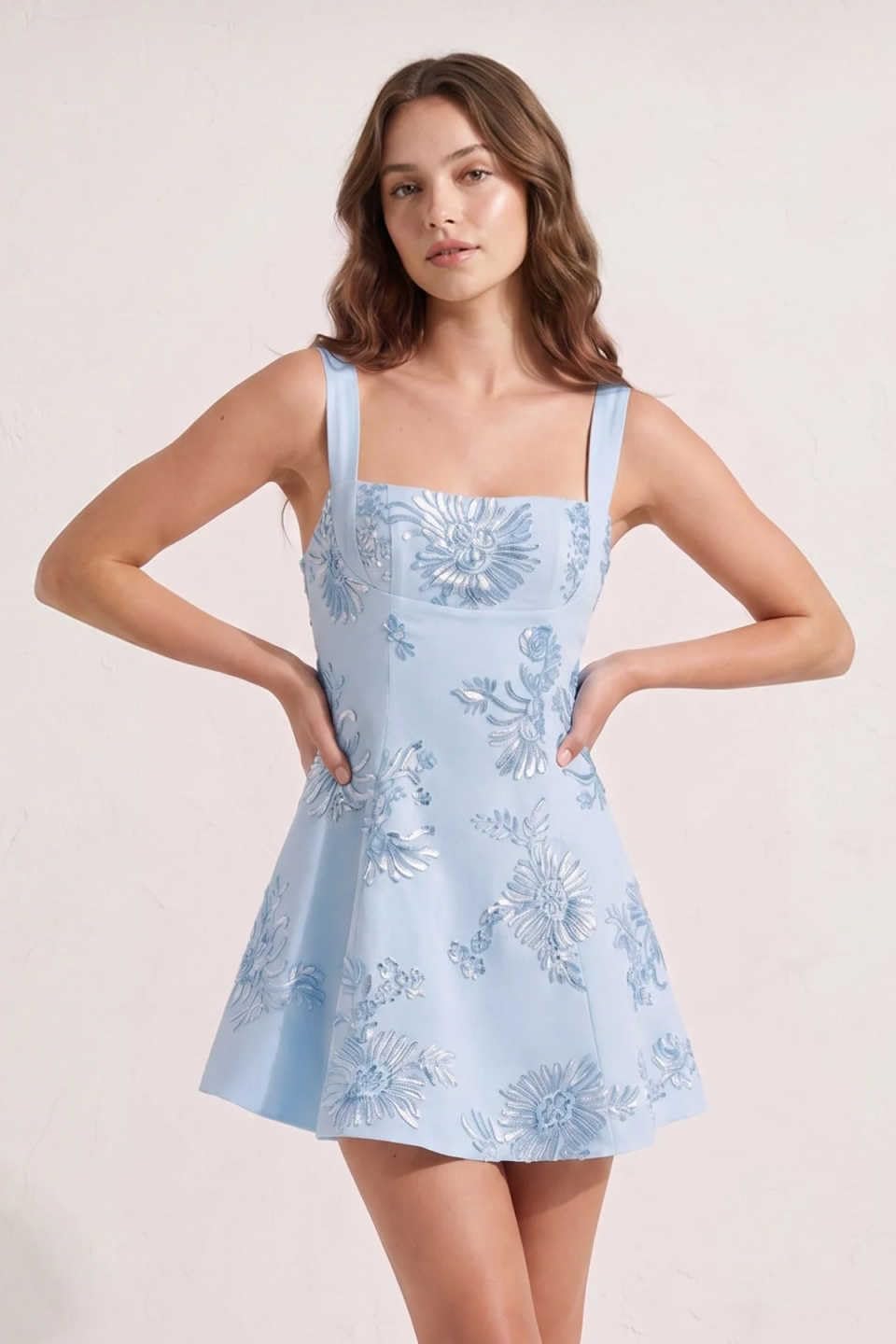 Light Blue floral lace corset mini dress front view studio shot