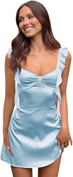Light Blue spaghetti strap ruffle mini dress front view