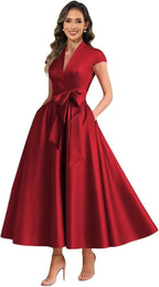 Wine Red satin mother of the bride dress main color view