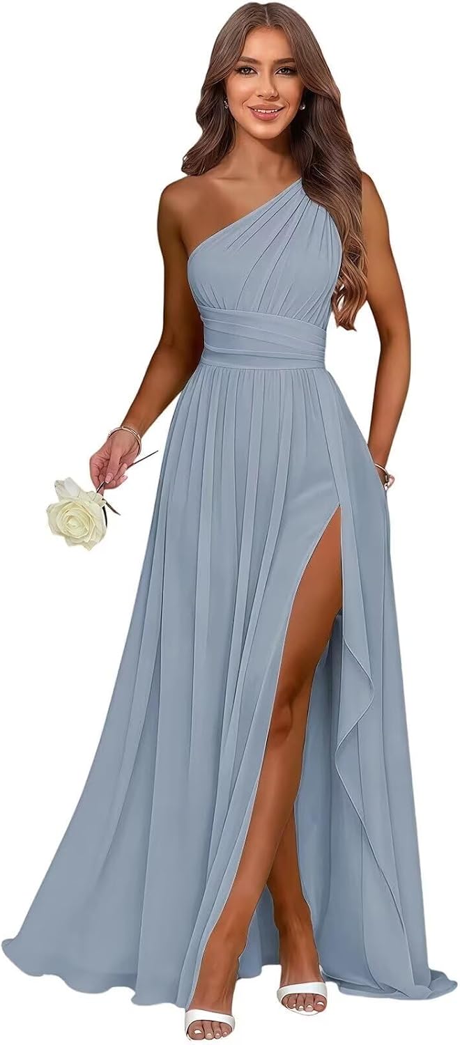 Dusty Blue one shoulder chiffon formal dress main color view