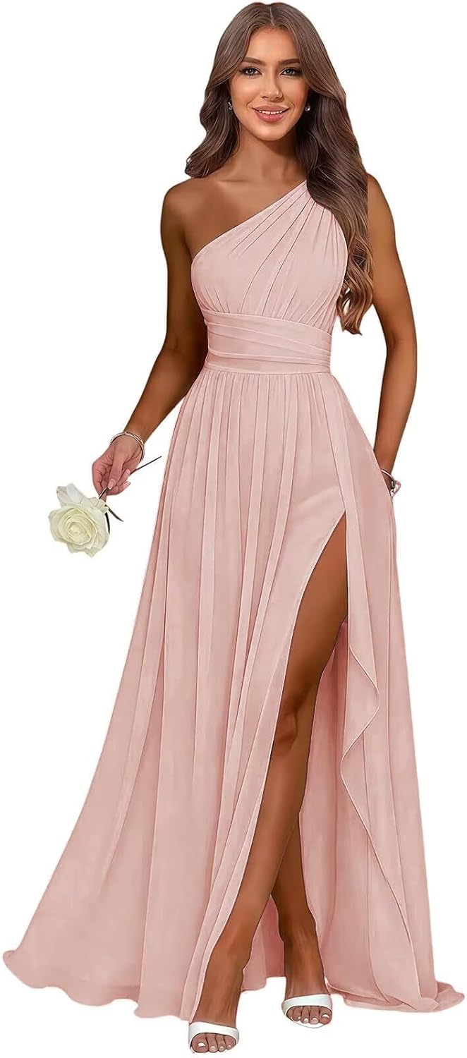 Blush one shoulder chiffon formal dress main color view