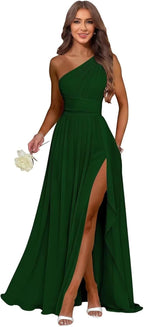 Emerald Green one shoulder chiffon formal dress main color view