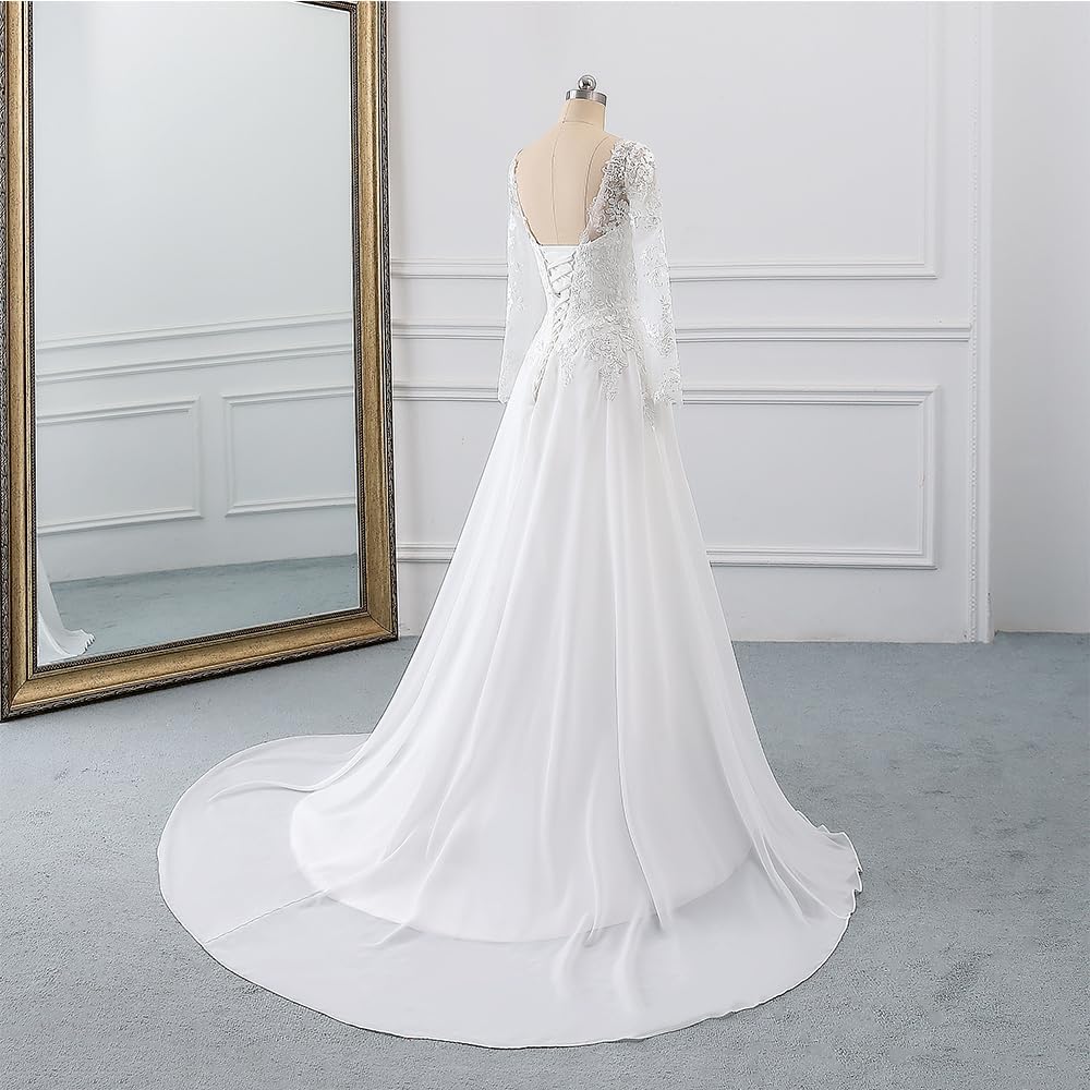 A-Line Long Sleeve Lace Wedding Dress with Corset Back - view 3
