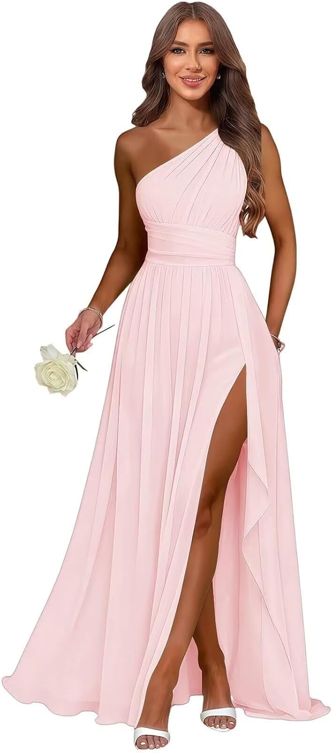 Pink one shoulder chiffon formal dress main color view