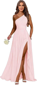 Pink one shoulder chiffon formal dress main color view