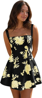 Black Yellow floral lace corset mini dress main color view