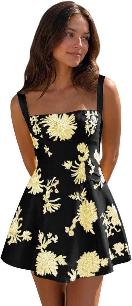 Black Yellow floral lace corset mini dress main color view