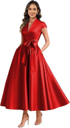 Red satin mother of the bride dress main color view